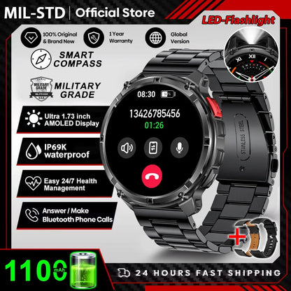 Novo Smartwatch Masculino AMOLED de 1100mAh (2026) // Com mais de 170 Recursos p/ Esportes e fitnessM // Lanterna LED // Classificação IP69 de Resistência à Água // Chamadas Bluetooth e GPS // Compatível com iOS.