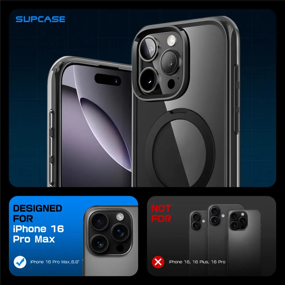 Capa SUPCASE para iPhone 16 Pro Max com botão de controle da câmera, design fino e resistente a impactos, com ímãs.