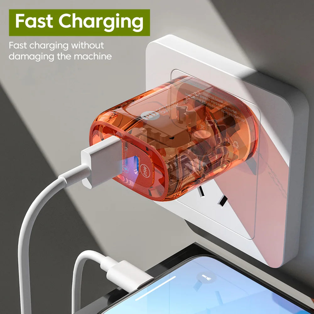 Carregador de Celular Transparente PD QC3.0 c/ Carregamento Rápido Tipo C + USB C // Para Huawei, Xiaomi, Samsung e iPhone // Cabo USB Tipo C p/ Celular.