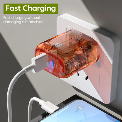 Carregador de Celular Transparente PD QC3.0 c/ Carregamento Rápido Tipo C + USB C // Para Huawei, Xiaomi, Samsung e iPhone // Cabo USB Tipo C p/ Celular.
