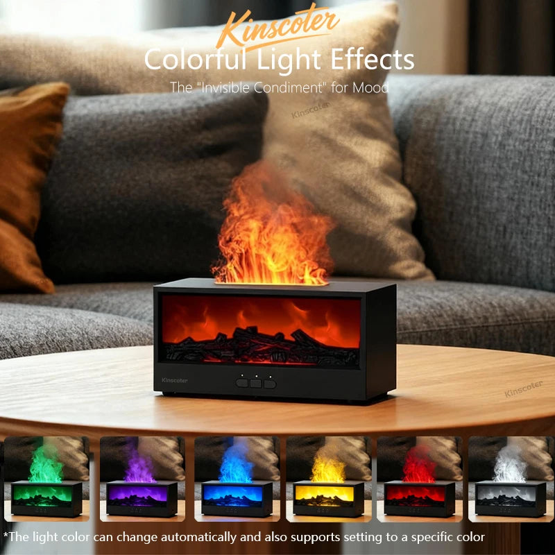 Umidificador de Ar com Efeito de Chama de Lareira e Difusor de Óleos Essenciais // Controle Remoto, Luz Noturna Ambiente Colorida // Presente Criativo
