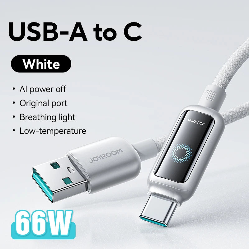 Cabo USB-C Joyroom de 100 W // Com Desligamento Automático e Carregamento Rápido // Compatível com iPhone 16, 15 Pro Max, Xiaomi, Samsung e Huawei.
