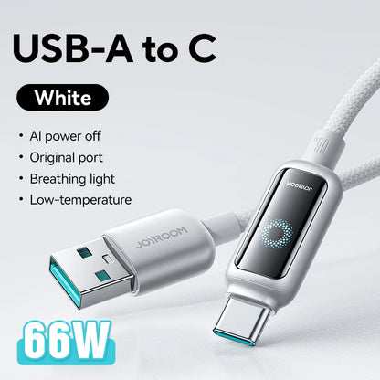 Cabo USB-C Joyroom de 100 W // Com Desligamento Automático e Carregamento Rápido // Compatível com iPhone 16, 15 Pro Max, Xiaomi, Samsung e Huawei.
