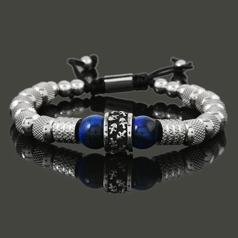 Pulseira Masculina de Luxo c/ Pingente de Caveira em Aço Inoxidável e Contas de Pedra Tigre // Joia Artesanal