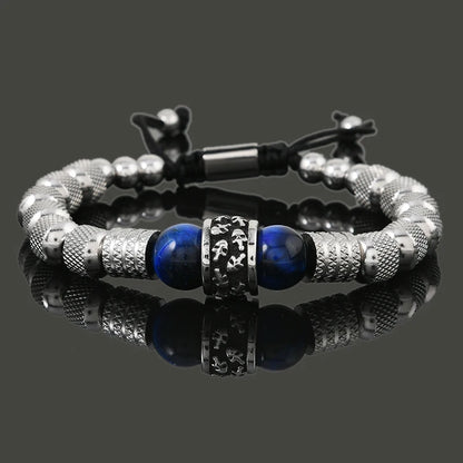 Pulseira Masculina de Luxo c/ Pingente de Caveira em Aço Inoxidável e Contas de Pedra Tigre // Joia Artesanal