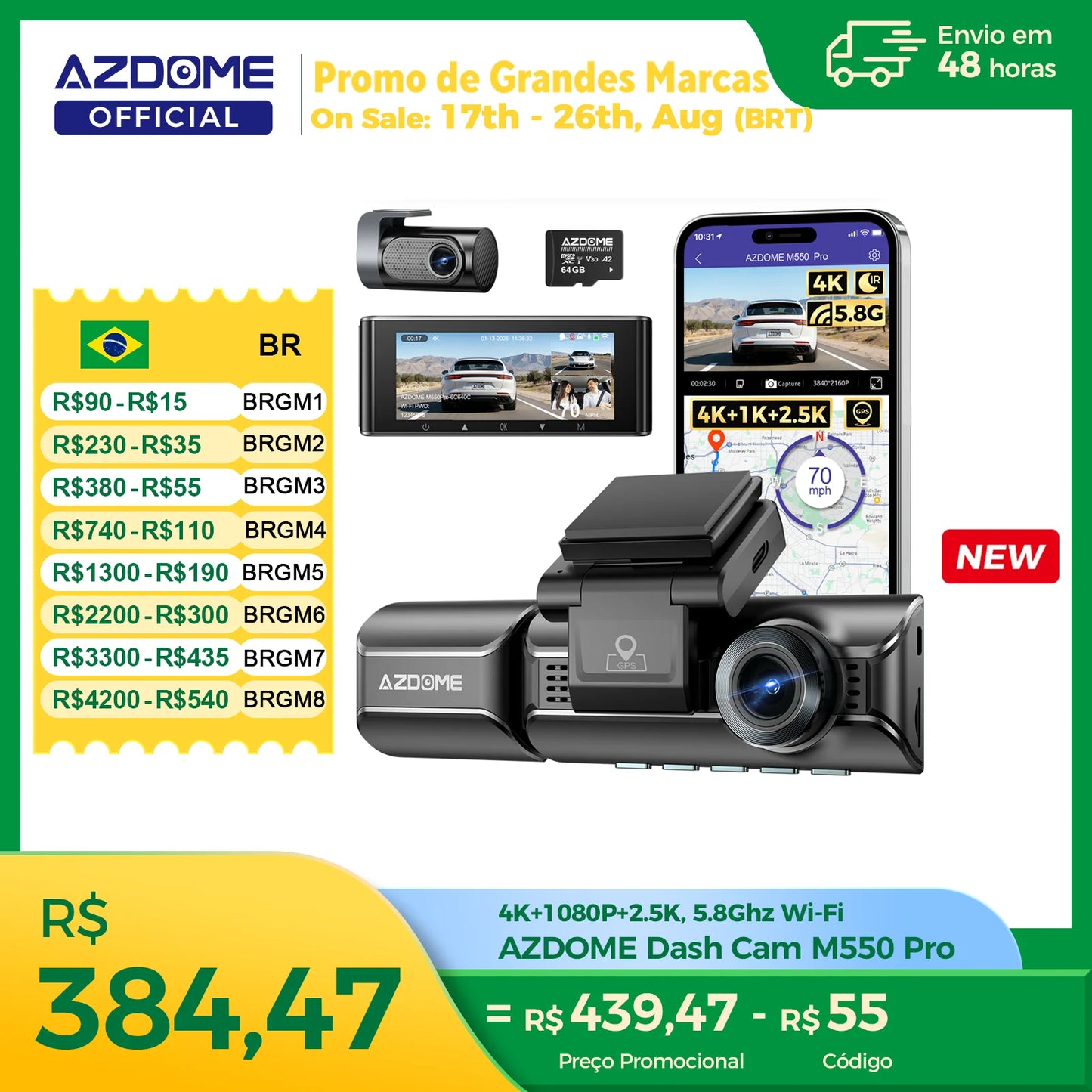 Câmera Veicular AZDOME M550 Pro (Versão Aprimorada) // 4K Frontal, Wi-Fi 5,8 GHz, GPS, Sensor G, Visão Noturna IR e Monitoramento de Estacionamento