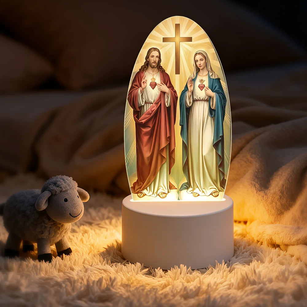 Luz Noturna de LED 2D de Jesus e Virgem Maria em Estilo Boho // Acrílico c/ Alimentação USB // Luminária de Mesa Inspiradora para Quartos