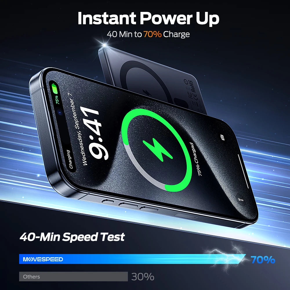 Carregador Portátil Magnético Fino MOVESPEED S10 de 10000mAh com PD20W // Bateria Externa s/ Fio p/ iPhone 16 e Samsung.