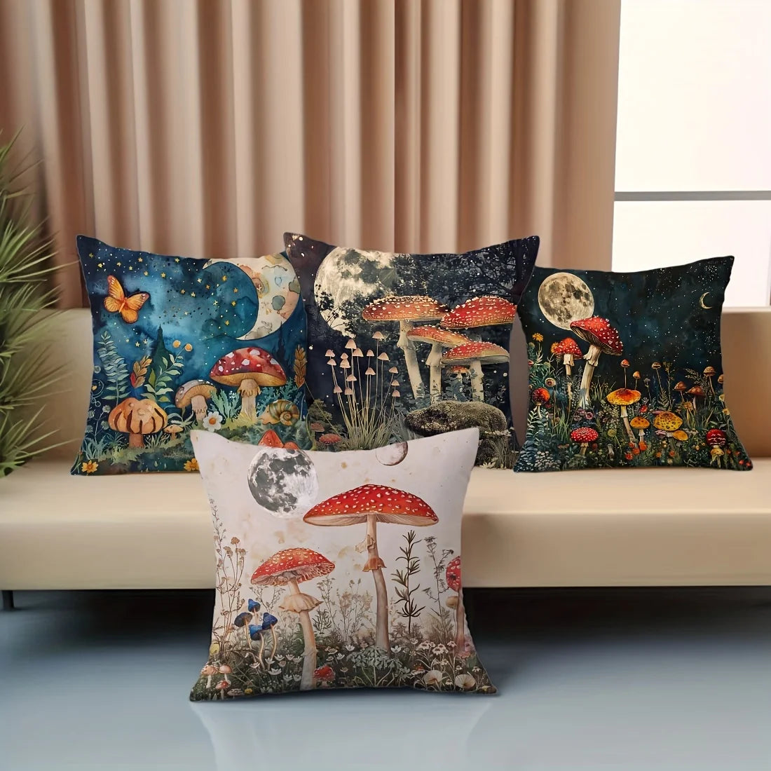 Capa de Almofada Quadrada 4 Tamanhos // Com Estampas de Cogumelo e Flor // Para Decoração de Sala de Estar/Sofá.