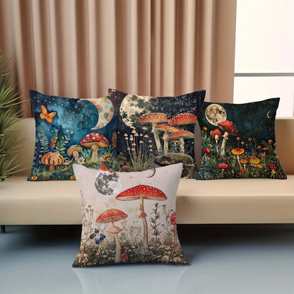 Capa de Almofada Quadrada 4 Tamanhos // Com Estampas de Cogumelo e Flor // Para Decoração de Sala de Estar/Sofá.
