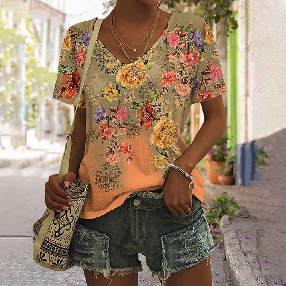 Nova Blusa Feminina Estampada Floral // Moda Boêmio Manga Curta // Lindas Blusinhas Pulôver Solto com Decote em V Harajuku Streetwear Verão. Você na Moda Sempre!!!