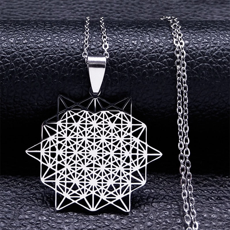 Mandala de Geometria Sagrada Flor da Vida 2023 // Aço Inoxidável Metatron // Colares de LOVELY FAJA  // Colar Longo de Contas Pretas // Lindas e Exclusivas Joias flor de la vida. Escolha já a sua!!!