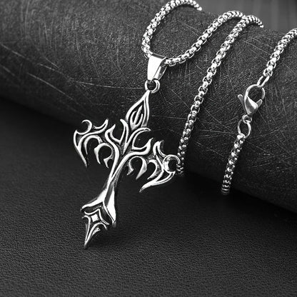 Colar c/ Pingente de Cruz de Chamas // Amuleto de Proteção em Aço Inoxidável // Joia Minimalista Unissex // Moda Retrô p/ Presente