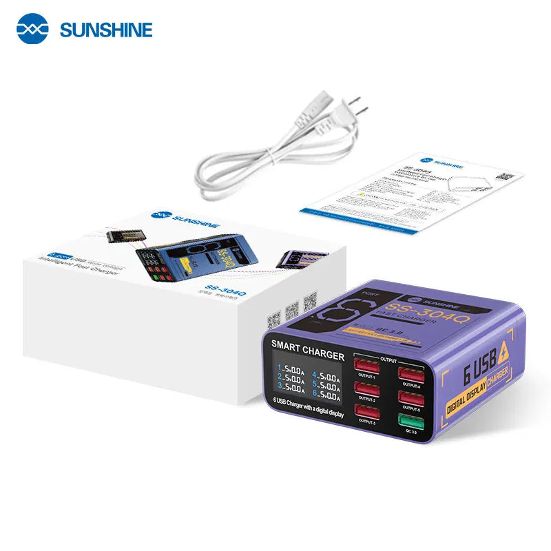 Carregador Portátil SUNSHINE SS-304Q c/ 6 portas USB // Visor Digital e Carregamento Rápido QC3.0 // Compatível c/ Diversos Dispositivos.