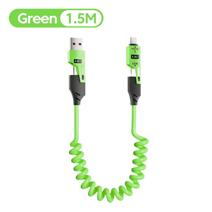 Cabo Espiral 4 em 1 c/ Carregamento Rápido PD (27W/65W) // USB Tipo C para Tipo C e Lightning // Para iPhone 15/16, Samsung e Xiaomi