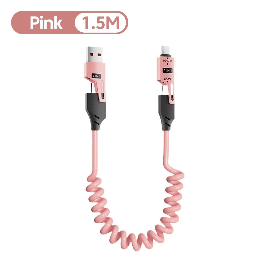 Cabo Espiral 4 em 1 c/ Carregamento Rápido PD (27W/65W) // USB Tipo C para Tipo C e Lightning // Para iPhone 15/16, Samsung e Xiaomi