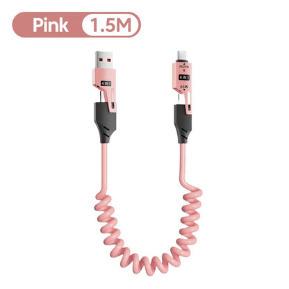 Cabo Espiral 4 em 1 c/ Carregamento Rápido PD (27W/65W) // USB Tipo C para Tipo C e Lightning // Para iPhone 15/16, Samsung e Xiaomi