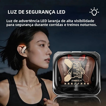 Fone de Ouvido s/ Fio Zombies Cat B22 OWS Bluetooth 6.0 com IA // Tradução Automática // Condução de ar // Luz de segurança // Ideal p/ Esportes e Com Aplicativo Integrado.