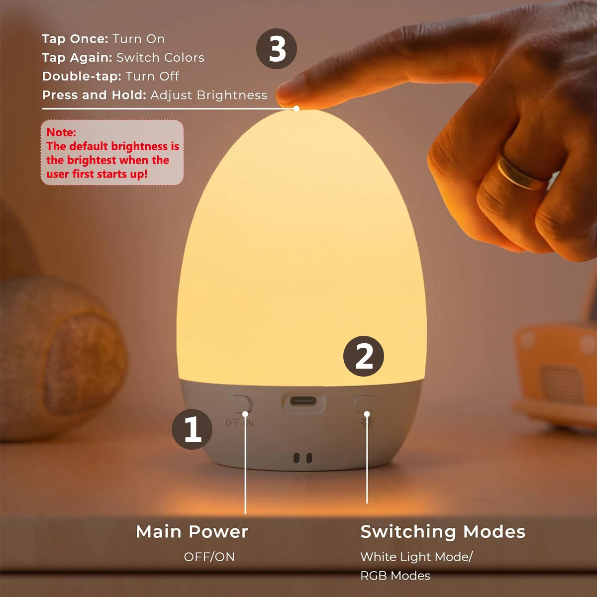 Luz Noturna Infantil em Formato de Ovo // Ideal p/ Amamentação e Presente // 3 Temperaturas de Cor e 12 Cores RGB // Toque Suave (Textura Agradável) // Iluminação Ambiente p/ o Quarto