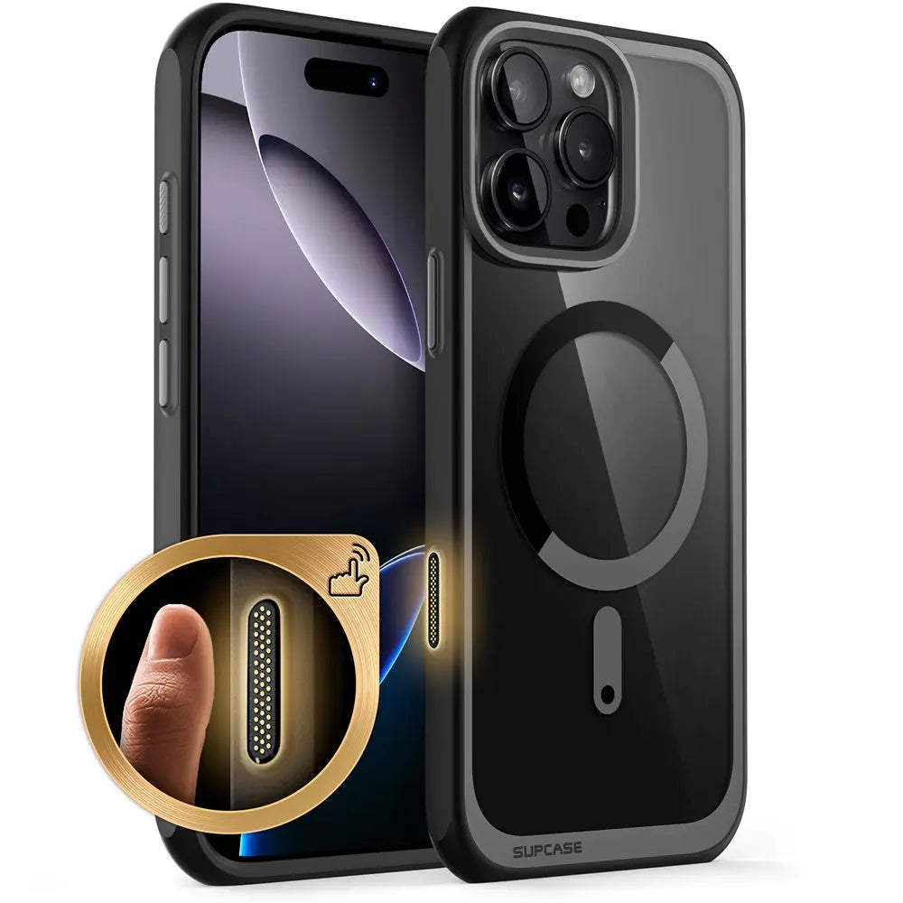 Capa SUPCASE para iPhone 16 Pro Max com botão de controle da câmera, design fino e resistente a impactos, com ímãs.