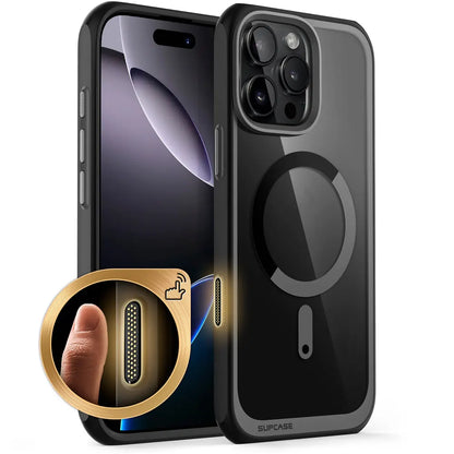 Capa SUPCASE para iPhone 16 Pro Max com botão de controle da câmera, design fino e resistente a impactos, com ímãs.