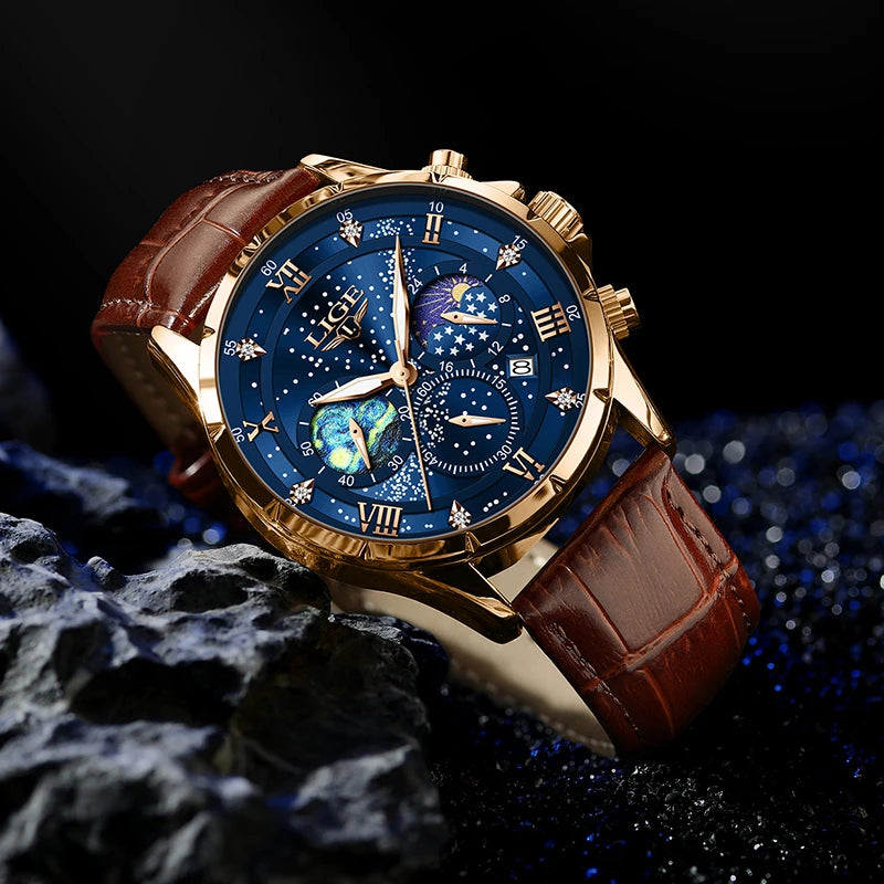 Relógio Casual LIGE Sport Watch Masculino // Luxo À Prova D 'Água // Data Luminosa / Cronógrafo // Relógio de Quartzo c/ Pulseira de Couro