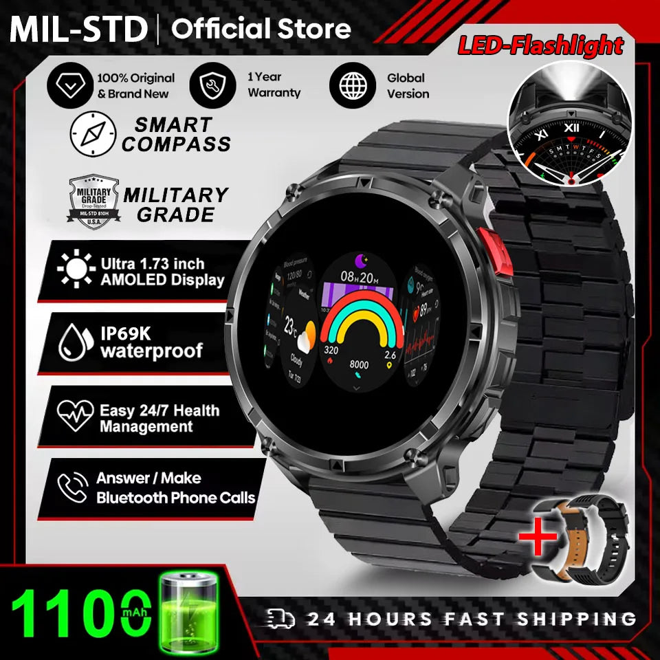 Novo Smartwatch Masculino AMOLED de 1100mAh (2026) // Com mais de 170 Recursos p/ Esportes e fitnessM // Lanterna LED // Classificação IP69 de Resistência à Água // Chamadas Bluetooth e GPS // Compatível com iOS.