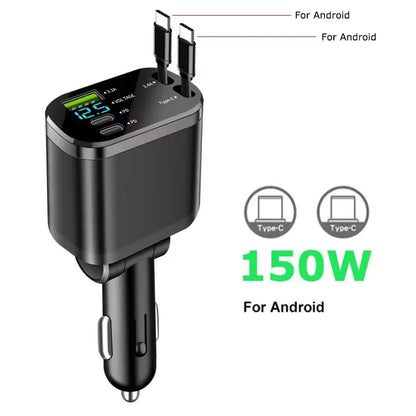 Carregador Veicular 5 em 1 (Máx. 66W) com Cabo Retrátil, PD 30W + 2,4A, Display de Voltagem e Carregamento Super-Rápido de 22,5W para iPhone e Android