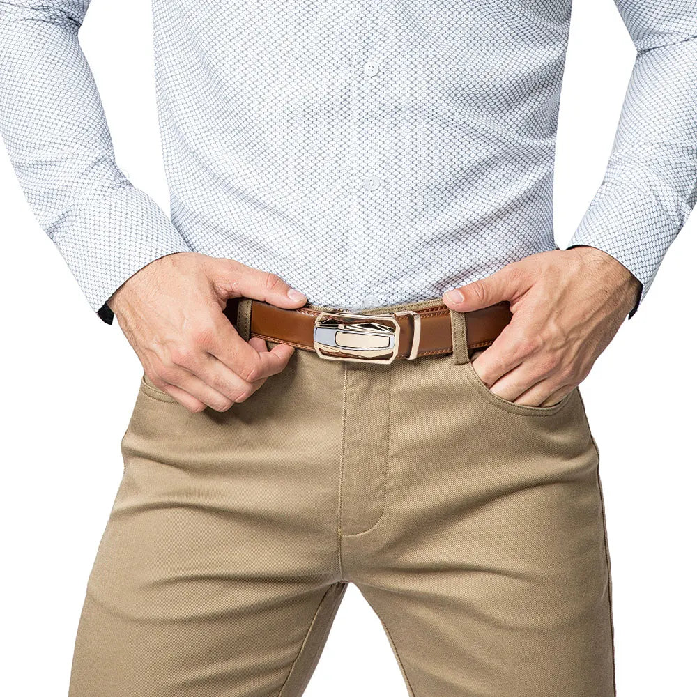 Cinto Masculino de Couro Legítimo de Vaca // Cinto Automático Esportivo de Marca da Moda // Fivela Automática de Catraca