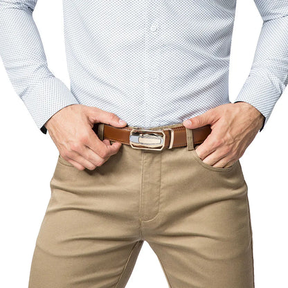 Cinto Masculino de Couro Legítimo de Vaca // Cinto Automático Esportivo de Marca da Moda // Fivela Automática de Catraca
