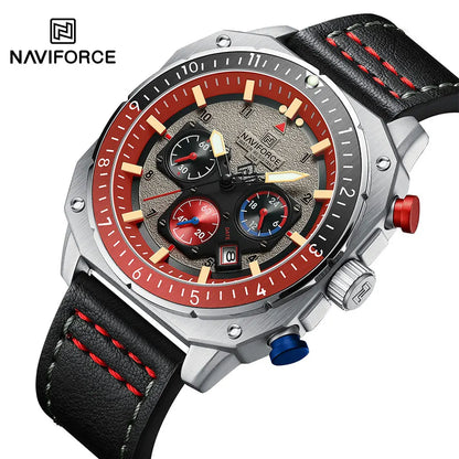 Relógios NAVIFORCE Sports // Multifuncional // À Prova D'Água // Calendário // Pulseira de Couro // Marca de Luxo // Quartzo Masculino Luminoso