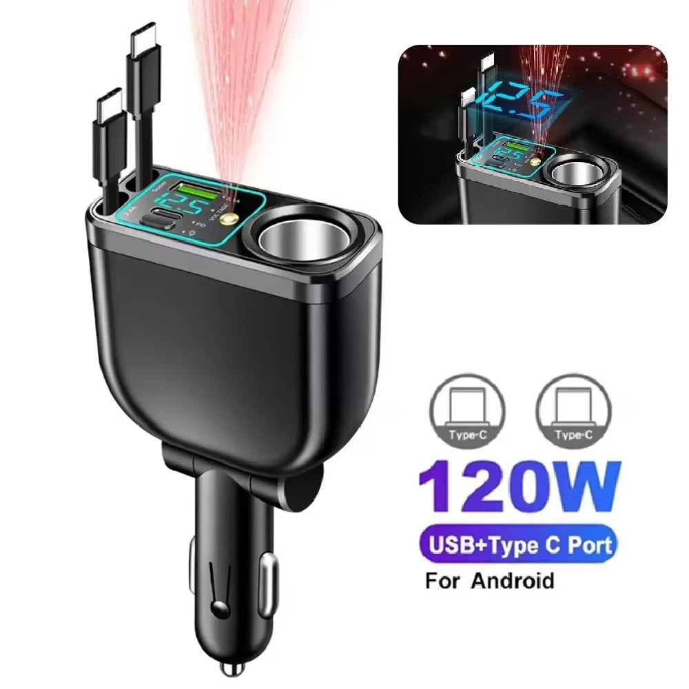 Carregador Veicular 5 em 1 (Máx. 66W) com Cabo Retrátil, PD 30W + 2,4A, Display de Voltagem e Carregamento Super-Rápido de 22,5W para iPhone e Android