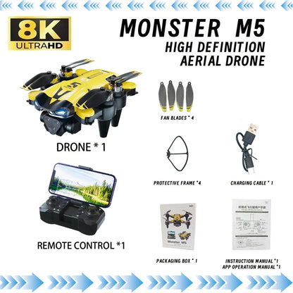 Drone Profissional M5 8K c/ Grande Angular // Três Câmeras // Prevenção de Obstáculos // GPS 5G // Posicionamento de Fluxo Óptico // Quadricóptero RC s/ Escovas