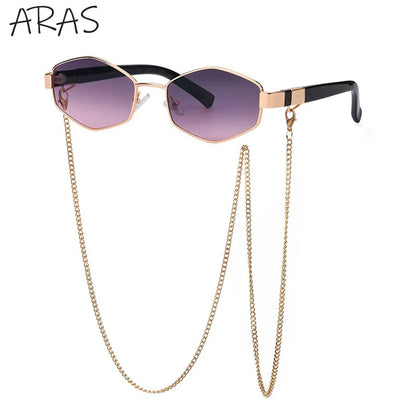 Óculos de Sol Femininos Hexagonais Retrô da Moda com Corrente // Armação Pequena // Designer de Marca 2025