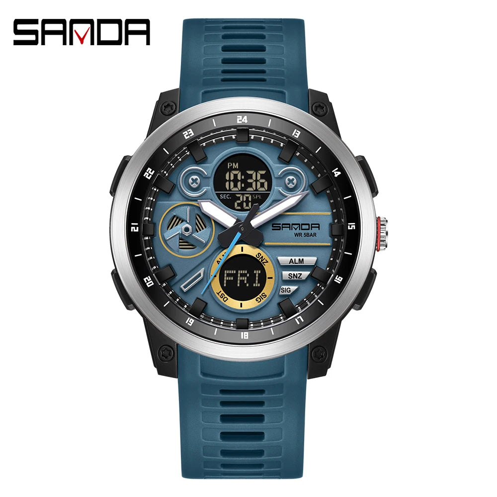 SANDA 3379 Relógio Eletrônico Masculino de Luxo c/ Display Duplo // Esportivo // Multifuncional // À Prova d'Água, LED // Relógio Eletrônico Masculino