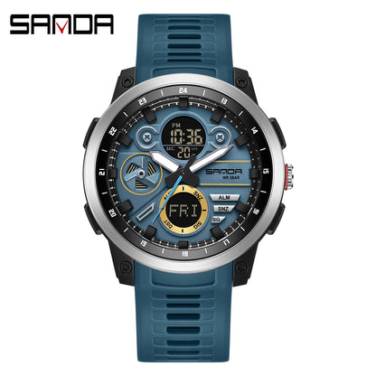 SANDA 3379 Relógio Eletrônico Masculino de Luxo c/ Display Duplo // Esportivo // Multifuncional // À Prova d'Água, LED // Relógio Eletrônico Masculino