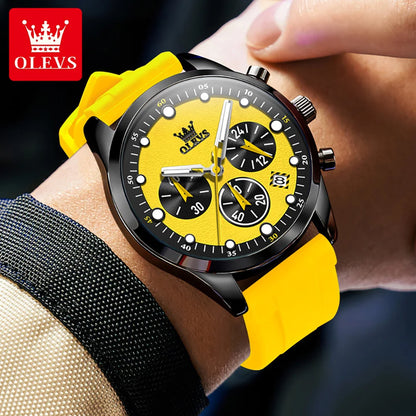 Relógios masculinos originais OLEVS, cronógrafo multifuncional, tendência da moda, pulseira de borracha amarela, luminoso, à prova d'água, relógio de quartzo masculino