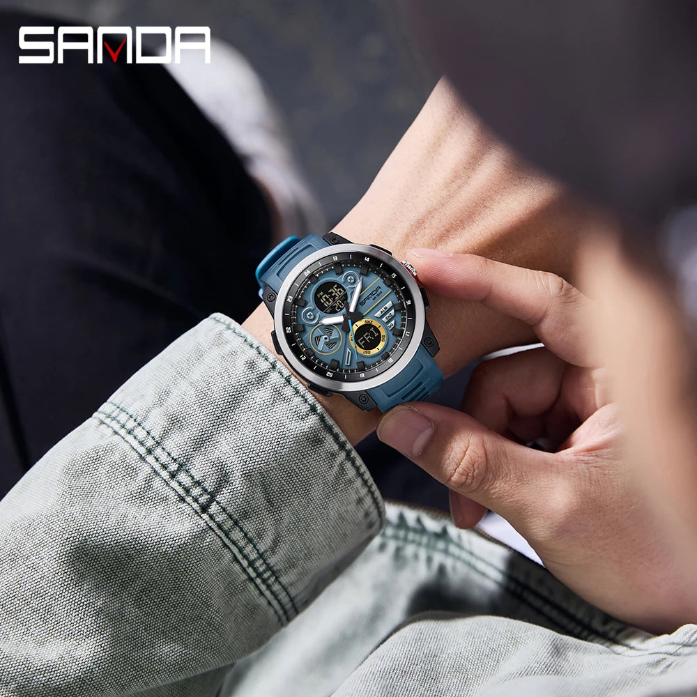 SANDA 3379 Relógio Eletrônico Masculino de Luxo c/ Display Duplo // Esportivo // Multifuncional // À Prova d'Água, LED // Relógio Eletrônico Masculino