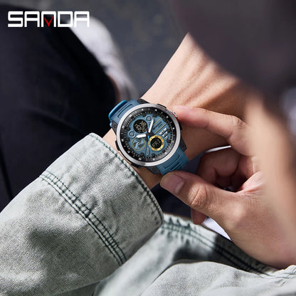 SANDA 3379 Relógio Eletrônico Masculino de Luxo c/ Display Duplo // Esportivo // Multifuncional // À Prova d'Água, LED // Relógio Eletrônico Masculino