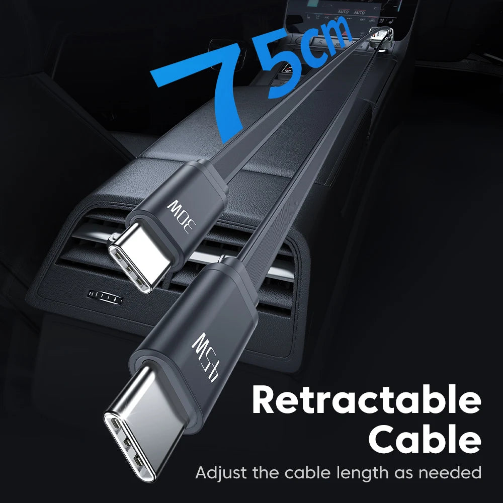 Carregador de Carro Toocki 105W 4 em 1 c/ Tela Digital // Carregamento Rápido // Cabo Duplo tipo C c/ cabo Retrátil p/ iPhone 16, 15 e 14 Xiaomi
