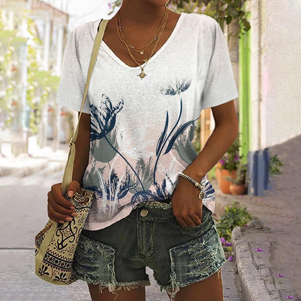 Nova Blusa Feminina Estampada Floral // Moda Boêmio Manga Curta // Lindas Blusinhas Pulôver Solto com Decote em V Harajuku Streetwear Verão. Você na Moda Sempre!!!