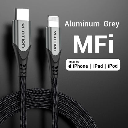 Cabo de Carregamento c/ Certificação Vention-MFi // Cabo PD USB C p/ Lightning p/ iPhone 14, 13, 12, 11 Pro Max, AirPods Pro, iPad XS, 30 W