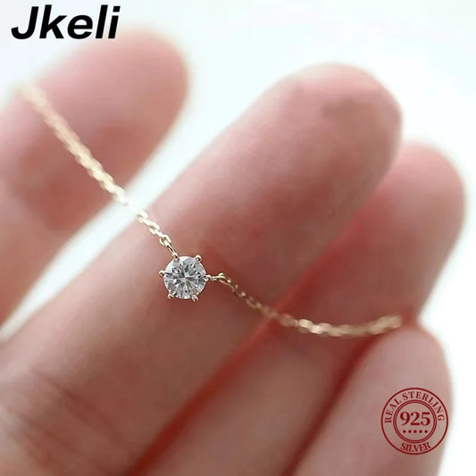 Colar Banhado a Ouro 18k Jkeli em Prata Esterlina 925 // Com Zircônia Brilhante e Corrente p/ Clavícula p/ Mulheres // Joias p/ Casamento