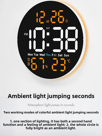 Relógio de parede circular de 10 polegadas com controle remoto, luz ambiente, despertador digital LED, termômetro, higrômetro, timer e data.