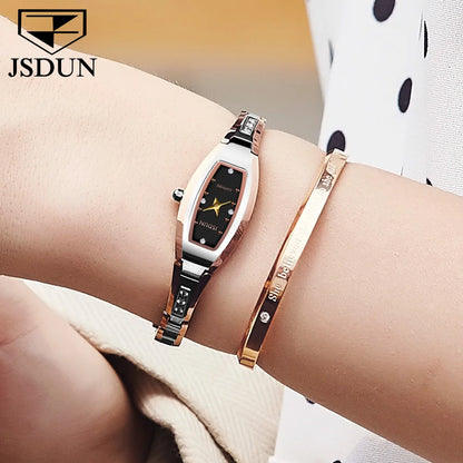 Relógios Femininos de Marca de Luxo JSDUN // Pulseira de Aço de Tungstênio // Relógio de Quartzo Original c/ Diamantes