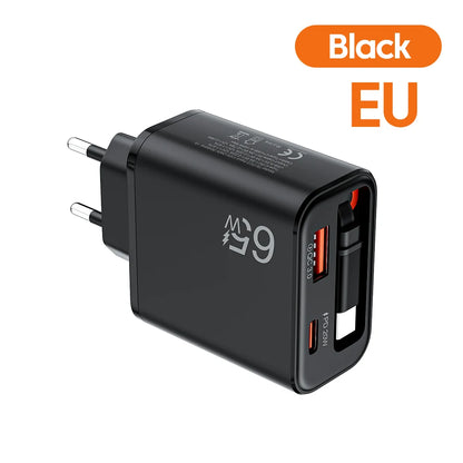 Carregador Rápido USB-C de 65W com Cabo Tipo-C Retrátil e Carregamento Rápido PD // Para iPhone 16/15, MacBook, Notebook Samsung e iPad (Plugue UE)