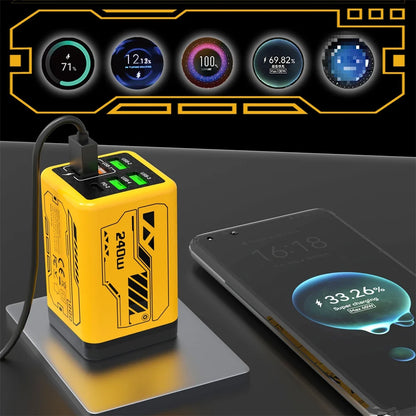 Carregador 6 em 1 de 240 W c/ Carregamento Rápido PD // Compatível c/ IPhone, Samsung e Xiaomi // Com Plugues UE/EUA.
