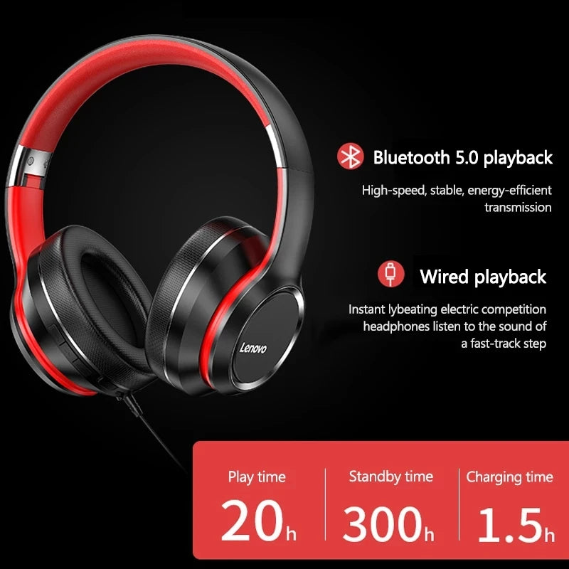 Fones de Ouvido Lenovo HD 200 Bluetooth Over-Ear dobrável // Computador Sem Fio // Fones c/ Cancelamento de Ruído // Alta Fidelidade // Estéreo / Gaming / Headset