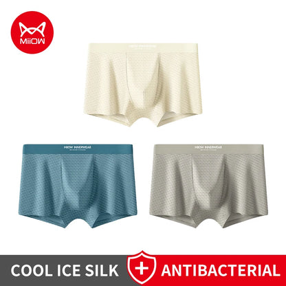 Kit com 3 Cuecas Boxer Masculinas MiiOW em Jacquard e Seda Gelada (Ice Silk) // Antibacterianas, Respiráveis e Macias