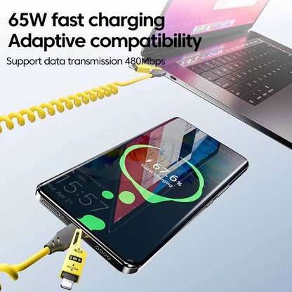 Cabo Espiral 4 em 1 c/ Carregamento Rápido PD (27W/65W) // USB Tipo C para Tipo C e Lightning // Para iPhone 15/16, Samsung e Xiaomi